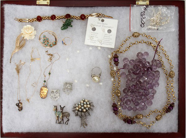 COSTUME JEWELRY LOT INCLUDES IVORY: COSTUME JEWELRY LOT INCLUDES IVORY:Two marquisate brooches. Pair sweater pins. Two necklaces [ one Austrian crystal needing repair] Costume pearl necklace. Majorca pearl ring. Gold filled bracelet wit