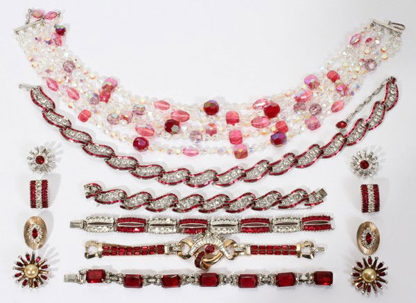 COSTUME JEWELRY, 9 PIECES: COSTUME JEWELRY, 9 PIECES:Includes a Trifari necklace and earrings, sterling earrings and bracelet (one stone missing), a Joseph Mazer bracelet, a Mazer Brothers bracelet, two pairs of sterling earrin