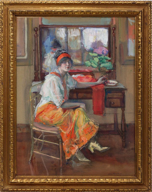 JANE PETERSON (1876-1965)GOUACHE: JANE PETERSON (AMERICAN 1876-1965), GOUACHE AND WATERCOLOR ON PAPER, 24" X 18", SELF PORTRAIT:Self portrait seated at a dresser. Signed lower right.
