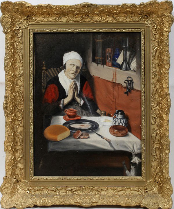 DUTCH SCHOOL OIL ON BOARD, 15" X 11 1/2": DUTCH SCHOOL OIL ON BOARD, 15" X 11 1/2":Depicts lady praying with cat hanging from table cloth.