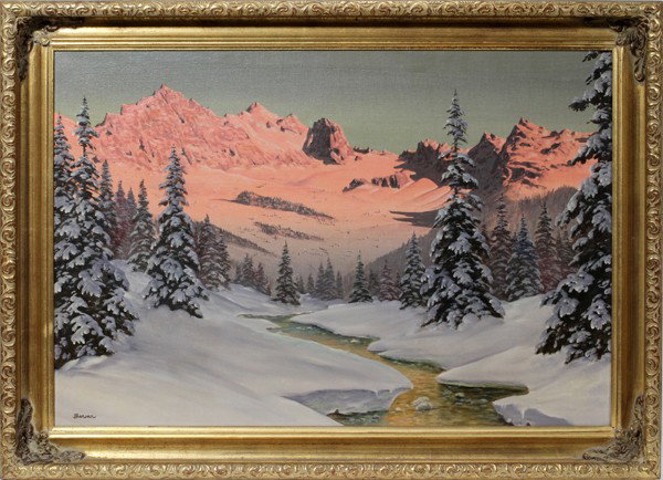 HANS BARMA [AU 1903-1978] OIL ON CANVAS: HANS BARMA [AU 1903-1978] OIL ON CANVAS 24" X 36" WINTER ALPINE LANDSCAPE:Depicting illuminated mountains in winter. Signed lower left and framed.