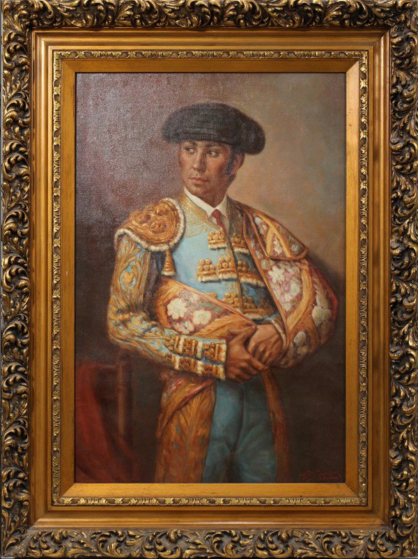 JOSE FUENTES DE SALAMANCA (1934) OIL/CANVAS: JOSE FUENTES DE SALAMANCA (SPANISH B. 1934), OIL ON CANVAS, 36" X 24", MATADOR:Spanish matador. Signed lower right, in elaborately carved gilt and scrolling leaf wood frame.