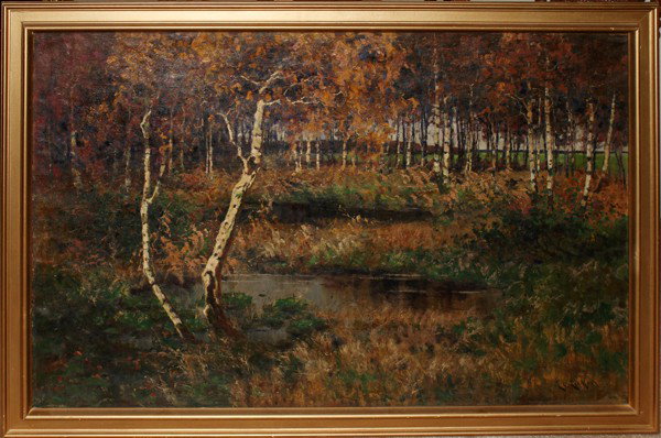 ELIZABETH VON EICHEN, OIL ON CANVAS: ELIZABETH VON EICHEN, OIL ON CANVAS 35 1/2" X 53", BIRCH TREES, FOREST LANDSCAPE:Signed lower right. Labels on verso. #488.