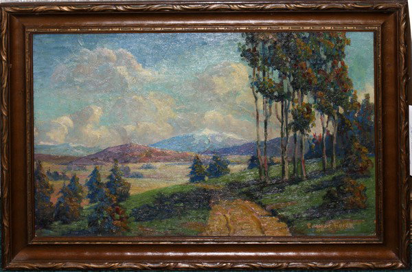 EDWARD FRICK, OIL ON BOARD 13 1/2" X 21 1/2": EDWARD FRICK, OIL ON BOARD 13 1/2" X 21 1/2", LANDSCAPE WITH MOUNTAIN:Marshall Field Co. label on verso.