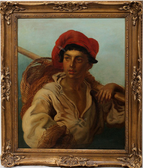 F. SCATCHARD, OIL ON CANVAS, LATER 19TH C.: F. SCATCHARD, OIL ON CANVAS, LATER 19TH C., C. 24" X 20":Depicts young man with basket on his back with red hat; signed lower right; gilt frame. Partial J.W. Crompton label on verso of bottom stretche