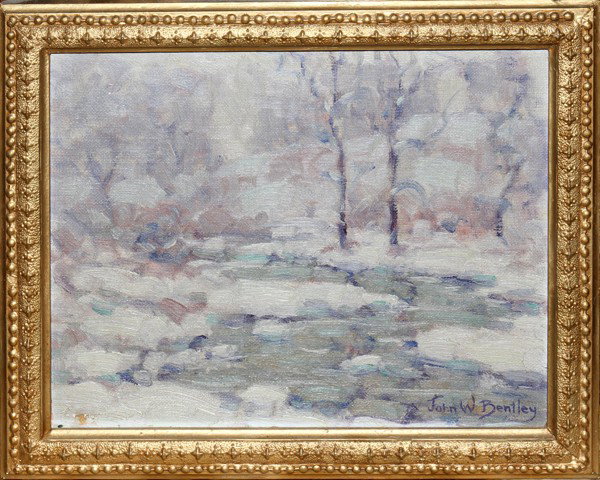 JOHN WOODSTOCK BENTLEY, OIL ON MASONITE: JOHN WOODSTOCK BENTLEY, OIL ON MASONITE 8" X 10", SNOWY LANDSCAPE: