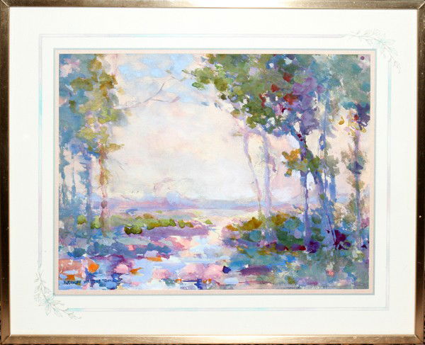 BRADLEY WALKER TOMLIN, WATERCOLOR, 8" X 10": BRADLEY WALKER TOMLIN, WATERCOLOR, 8" X 10", FOREST & RIVER SCENE:Signed lower left. Gilt metal frame under glass.