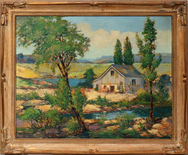 CLIFFORD ALEXANDER SUMMERVILLE OIL ON BOARD: CLIFFORD ALEXANDER SUMMERVILLE (US B. 1892), OIL ON BOARD, 1941, 24" X 30", LANDSCAPE WITH BARN:Signed and dated lower right; period or original gilt frame.