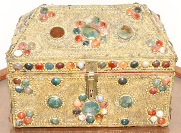 SEMIPRECIOUS STONE AND BRASS CHEST,: SEMIPRECIOUS STONE AND BRASS CHEST, H 9", W 9", L 13":Stones mounted with fan shapes. Hinged lid top with latch. Approximately 240 stones.