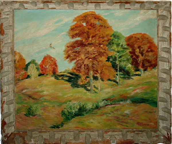 KARL LARSEN, OIL ON MASONITE: KARL LARSEN, OIL ON MASONITE, 24" X 24", AUTUMN LANDSCAPE:Antique frame.