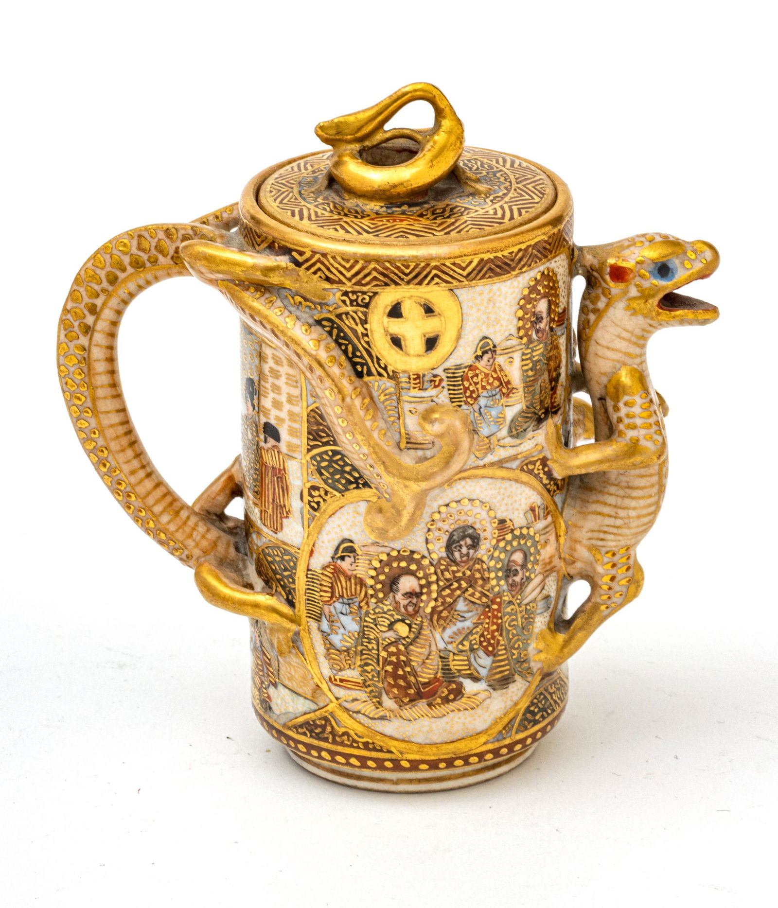 Gyokushu  Satsuma Earthenware Saki Pitcher, C. Meiji Period,, H 3.5'' (1 of 3)
