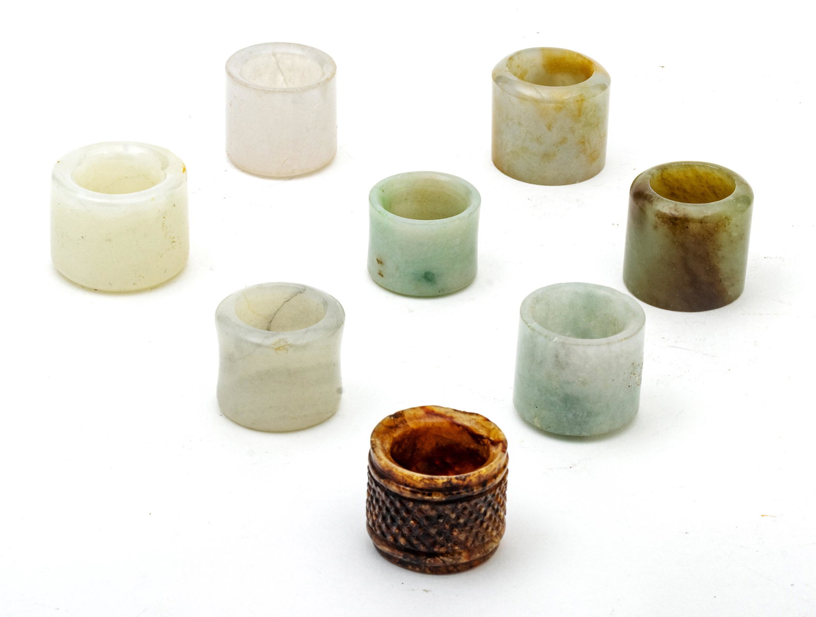 Chinese  Carved Jade (7) And Stone (1) Archer Rings C. 19th.c., 1.2" - 1.5" 8 pcs (1 of 2)