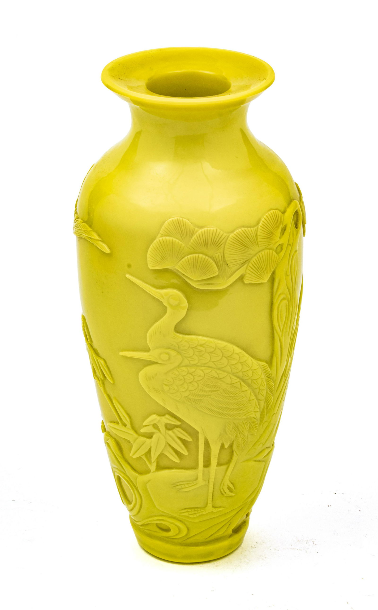 Chinese  Pekin Yellow Glass Vase, Carved Crane Design C. 19th.c., H 12'' (1 of 4)