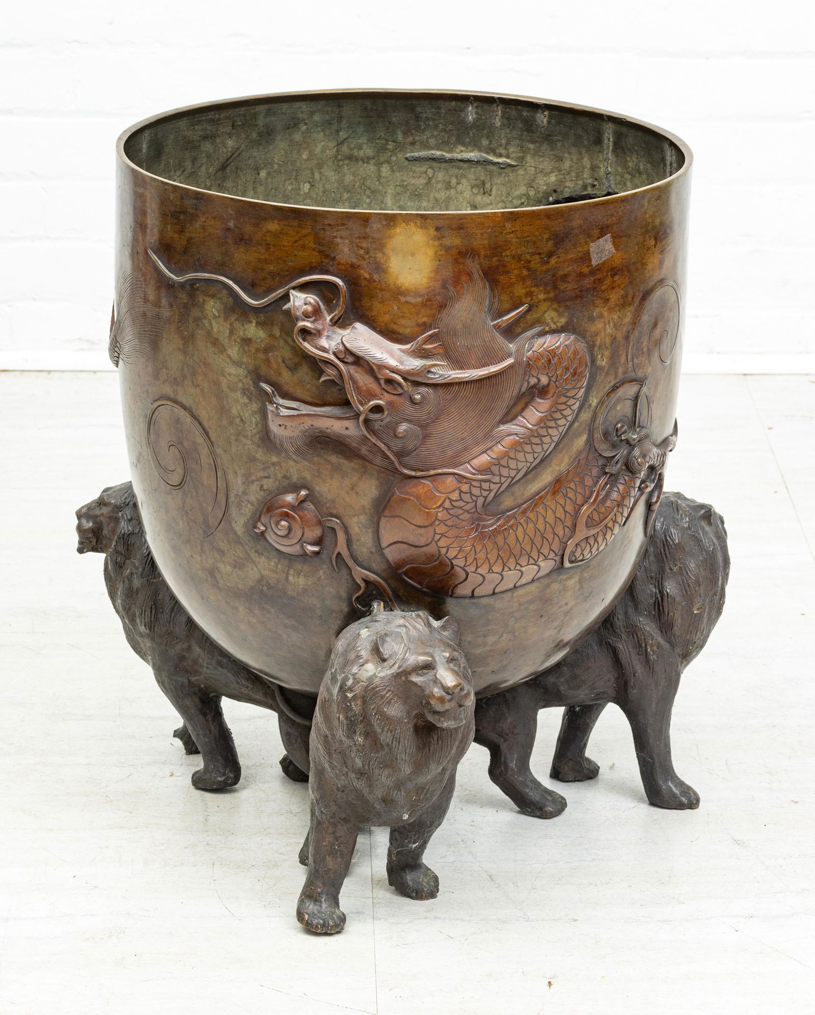 Chinese  Bronze Magnum Jardinere, Dragon Relief, 3 Applied "Lion" Feet  19th.c., H 23'' Dia. 22'' (1 of 5)
