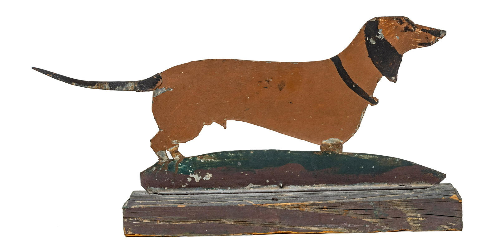 Folk Art Dachshund Formed Patinated Metal And Wood Weathervane, H 13'' W 25'' (1 of 5)