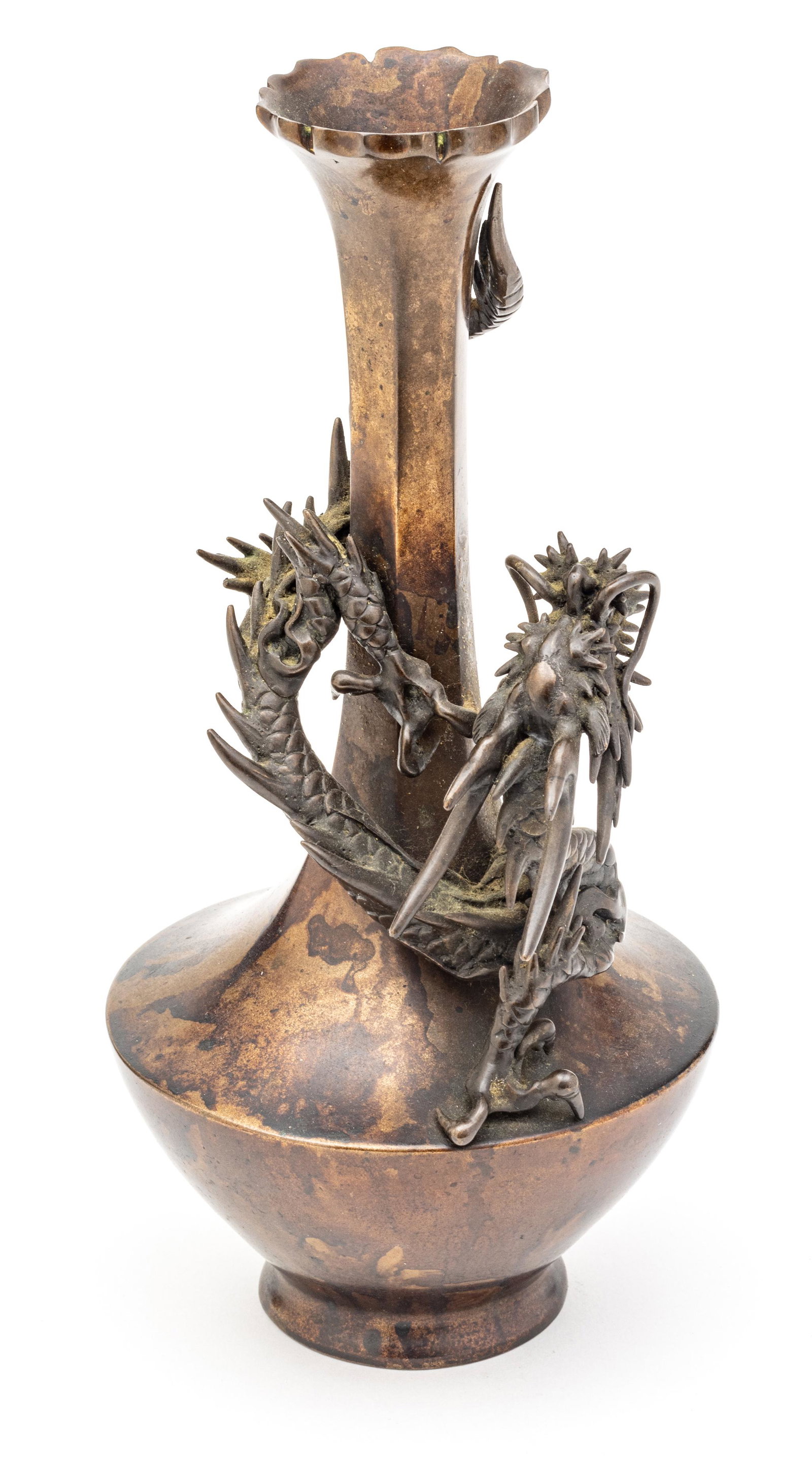 Japanese Signed  Bronze Vase With Coiling Dragon In Relief C. 19th.c., H 10'' (1 of 3)