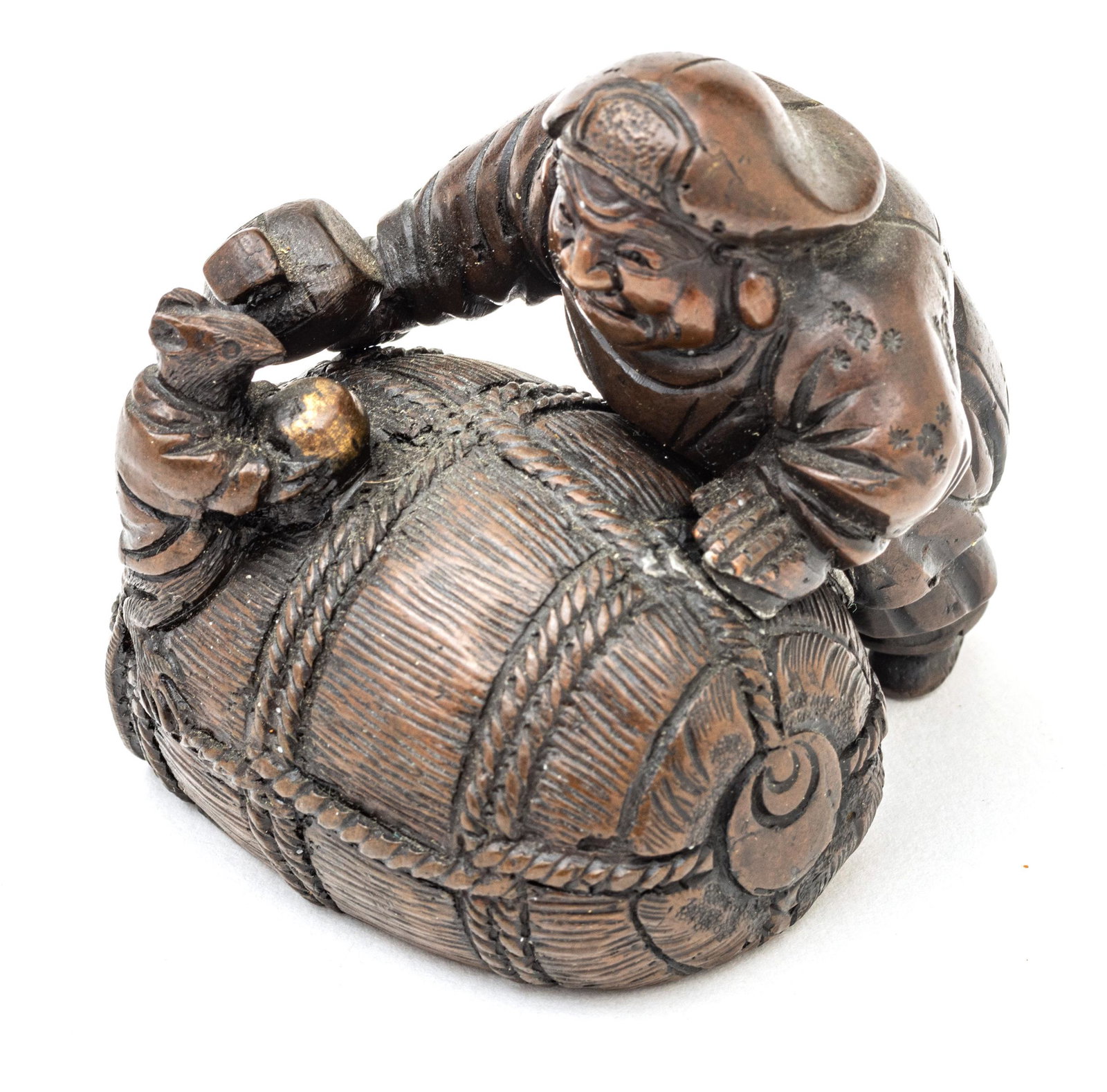 Chinese Bronze Miniature Sculpture, Man Rolling Bale Of Rice With Mouse C. 1900, H 2.7'' (1 of 3)