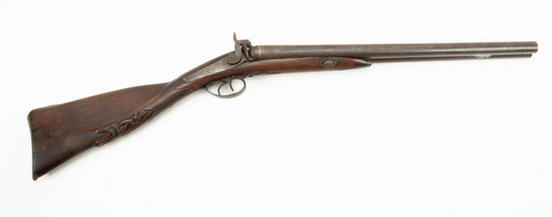 Side By Side Double Barrel Percussion Cap Shotgun, 12 Ga., C. 1850S, L 21" Barrel: Side By Side Double Barrel Percussion Cap Shotgun, 12 Ga., C. 1850S, L 21" Barrel Carved Walnut Stock With An Animal Head. Double Hammers And Triggers. Engraved Lock Plate And Hammer. Any Identifying