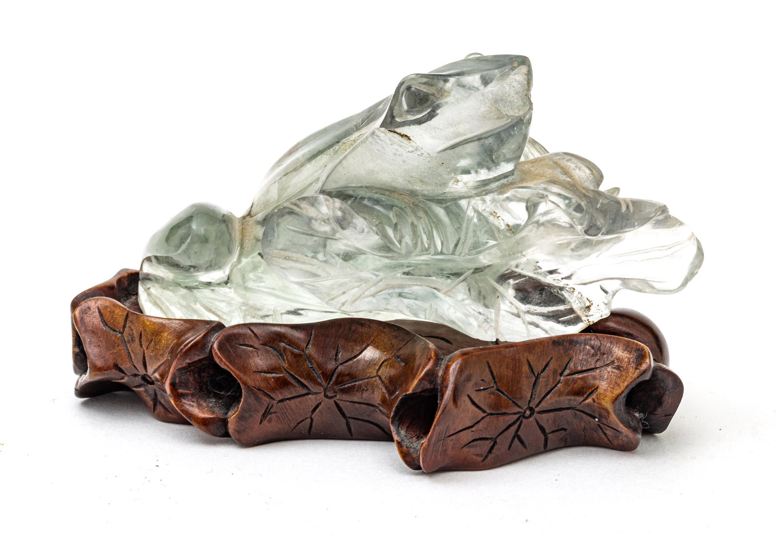 Chinese  Rock Crystal Snuff Bottle, Frog On Wood Lily Pad Plinth C. 19th.c., H 3.5'' W 1.5'' (1 of 5)