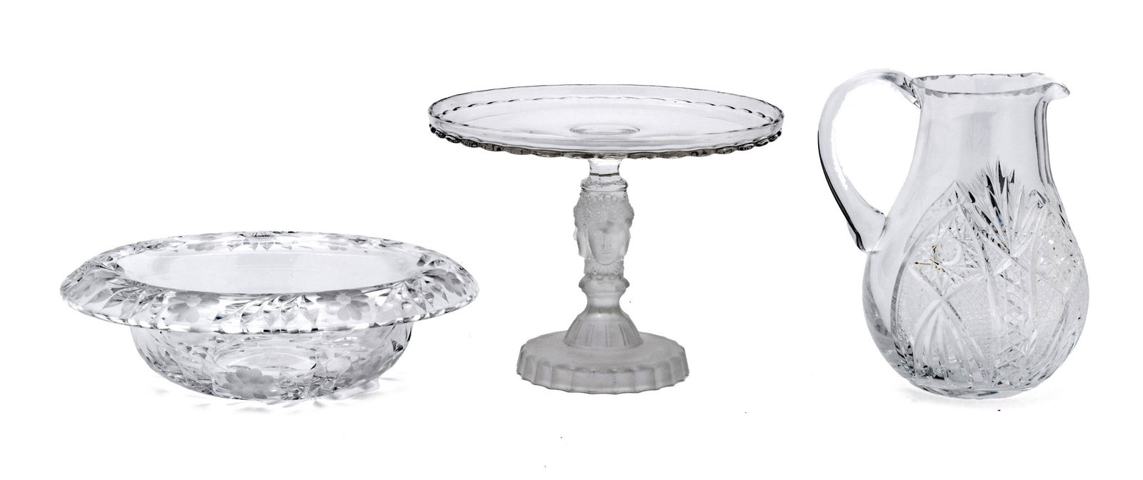 Cut Glass Water Pitcher, Bowl, + 3 Face Compote C 1900 H 8" Dia 10", 9" (1 of 2)