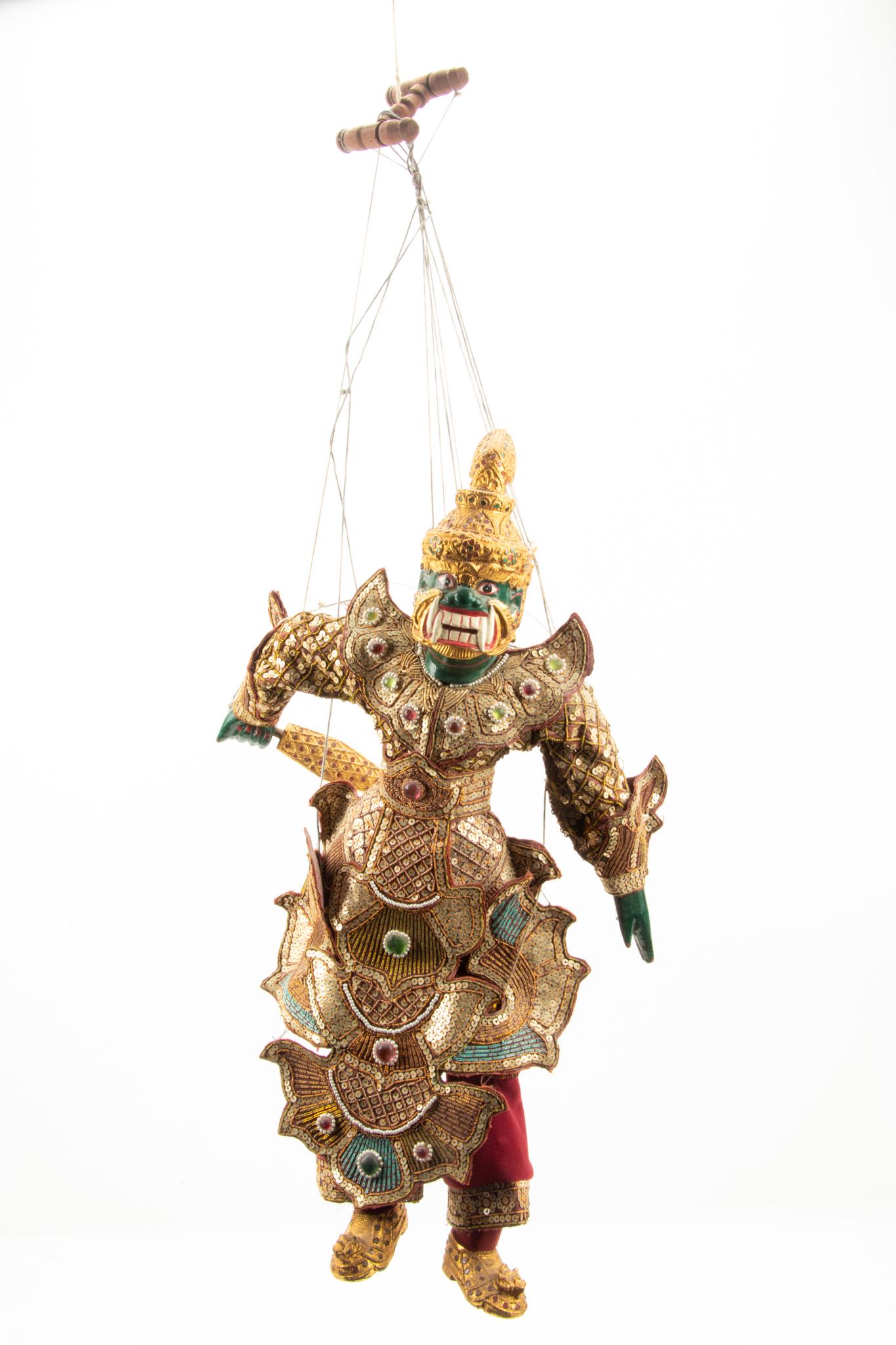 Thailand Demon Puppet, Wood, Lacquer, Gold Sequins H 24" W 12" (1 of 3)