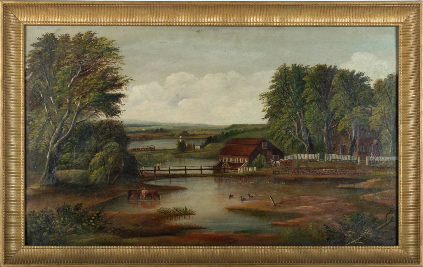 Primitive American Landscape Oil On Canvas,  19th.c., H 21'' W 36'' (1 of 3)