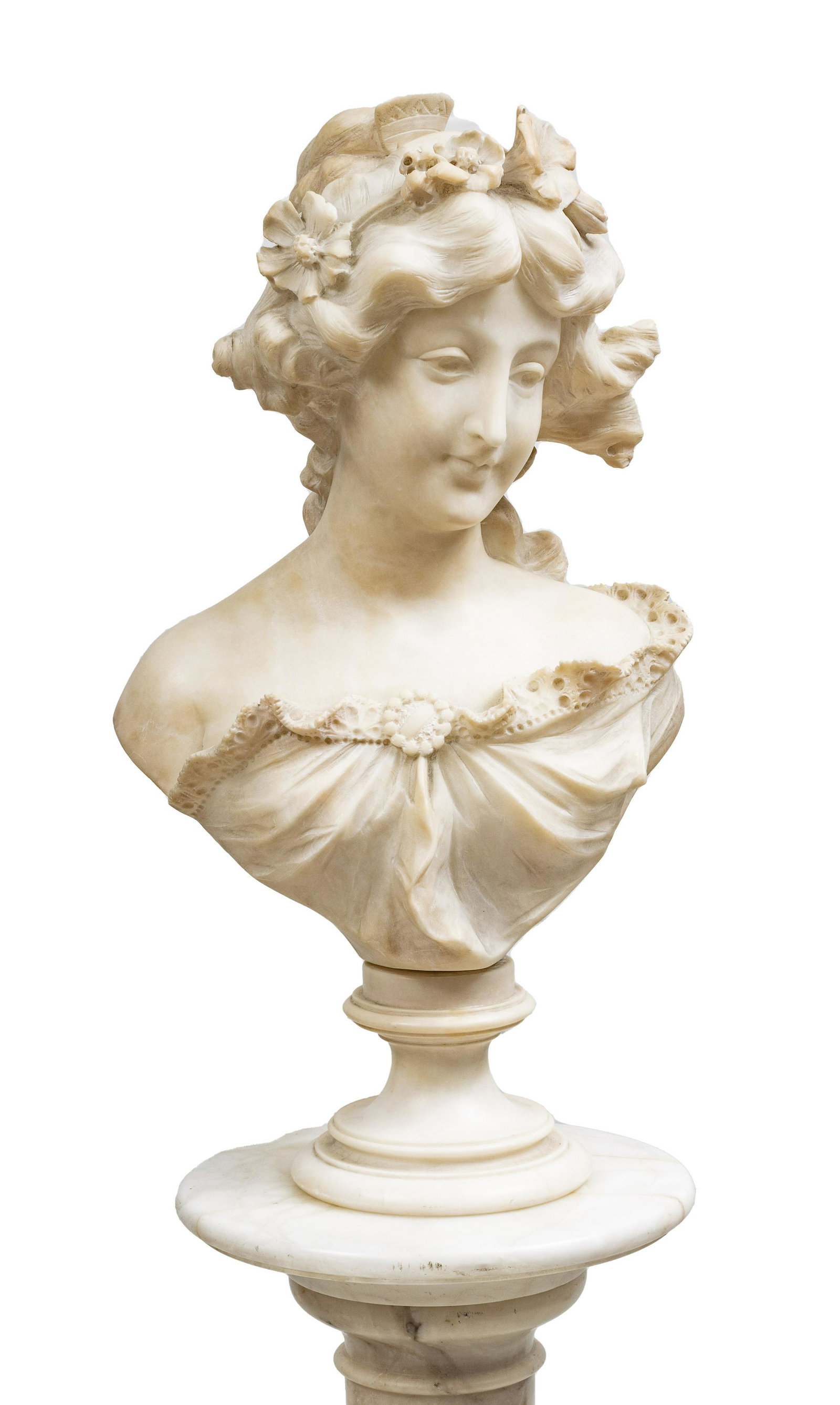 Adolfo Cipriani (Italy, 1857-1941) Alabaster Bust, H 15.5", W 11" (Bust) + Marble Pedestal, H 38" (1 of 7)