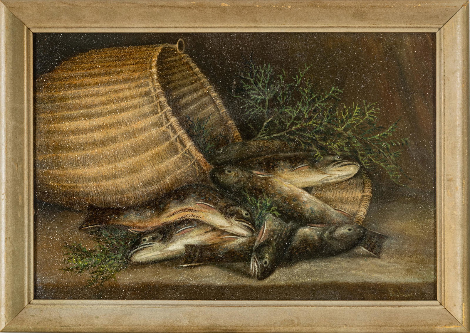 K.L.B. Oil On Academy Board, C. 1900, H 12", W 18", Fish Basket (1 of 3)