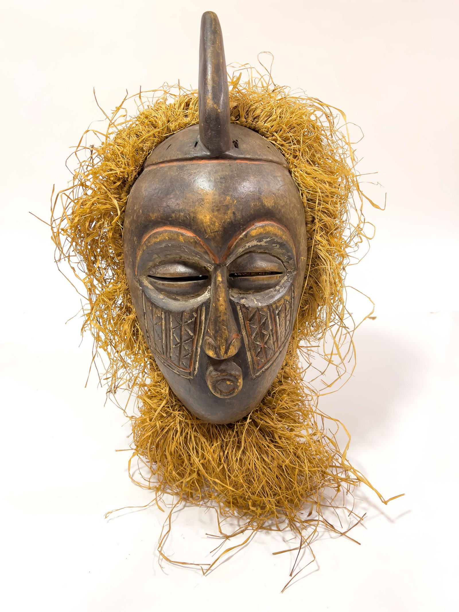 African Carved Wood With Rafia Mask, H 16", W 9", D 6" (1 of 6)