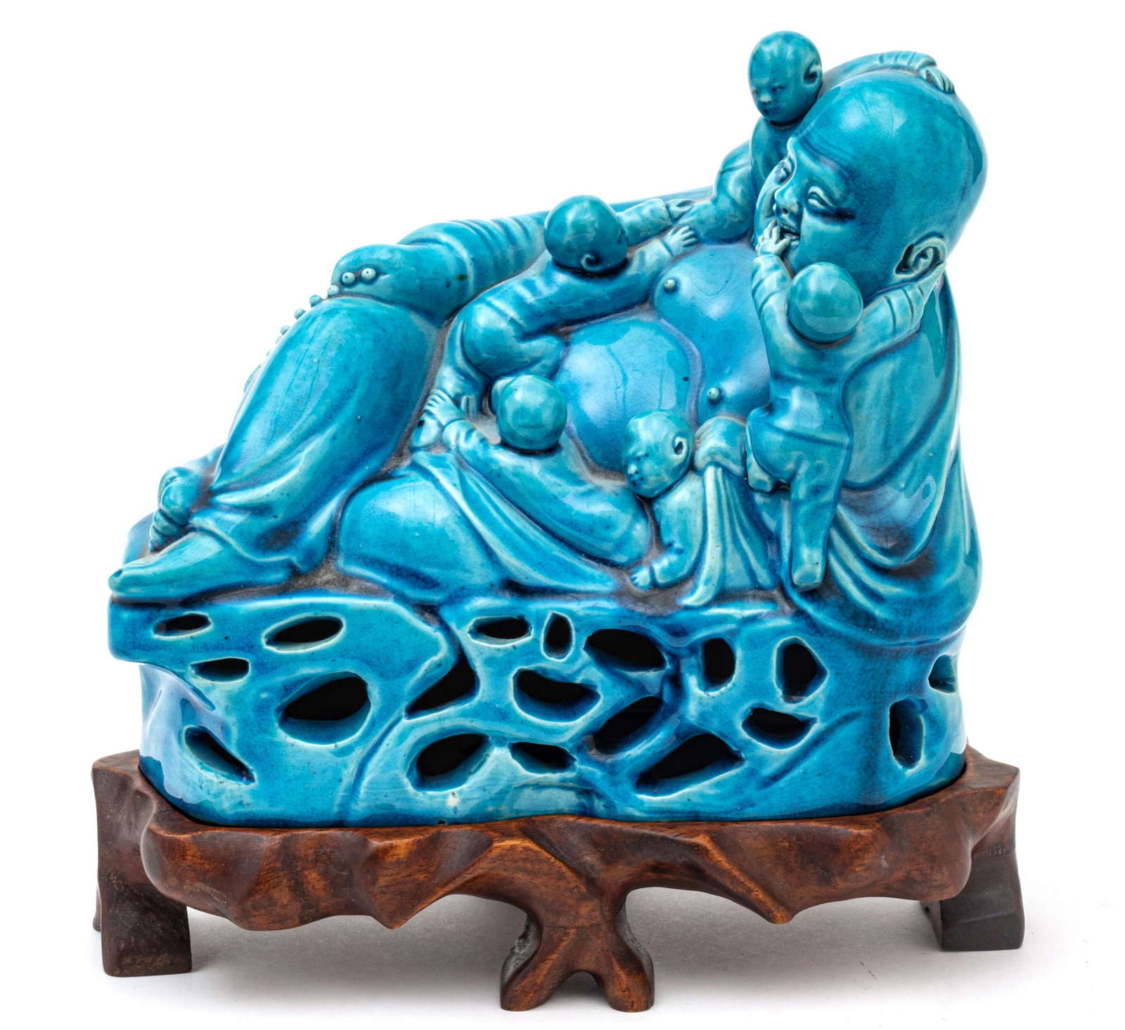 Chinese  Porcelain Reclining Buddha With Children C. 1920, H 8'' L 9'' (1 of 4)