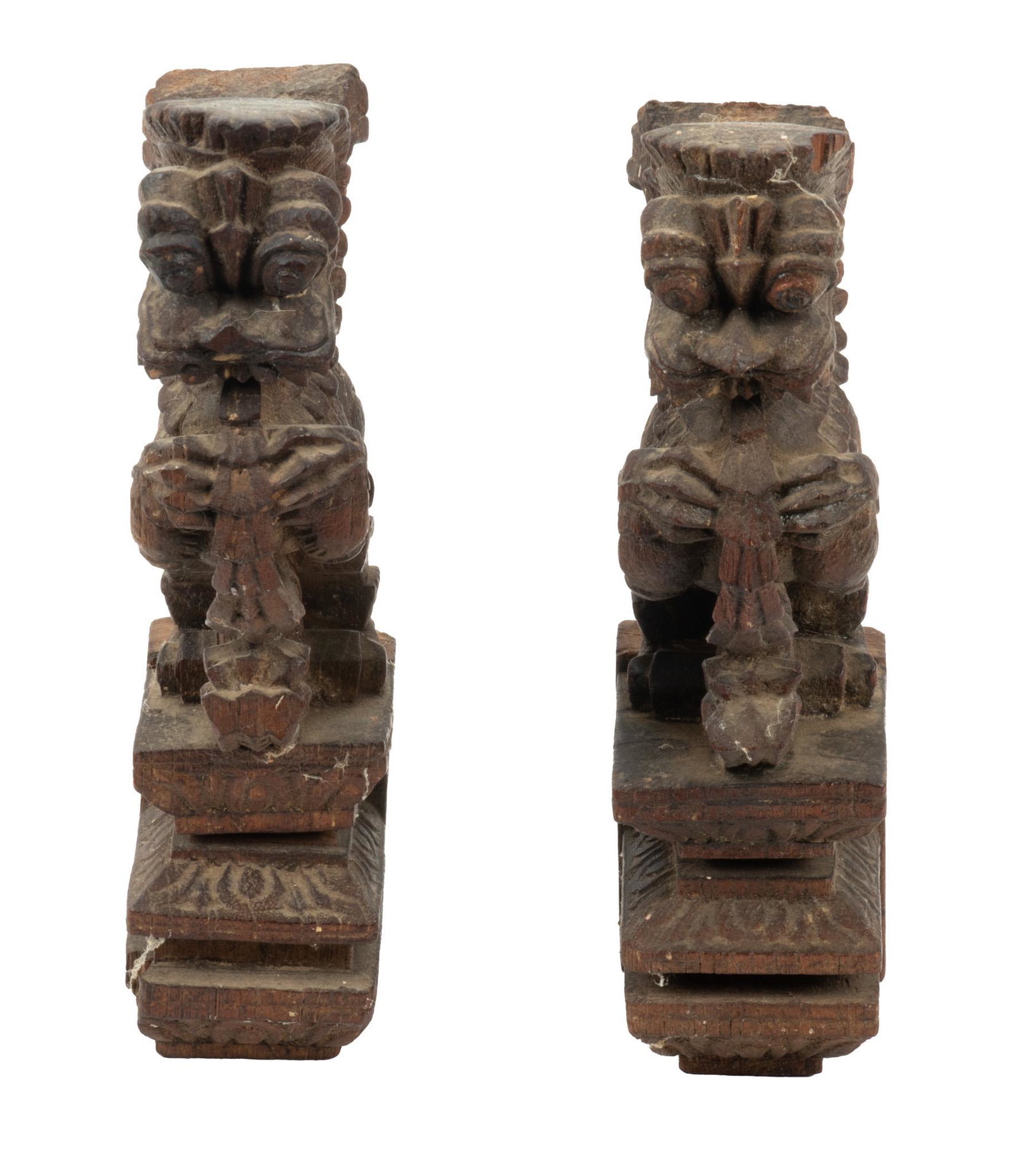 India, Pair Of Carved Wood Brackets, 19Th.C. H 7 W 3: India, Pair Of Carved Wood Brackets, 19Th.C. H 7 W 3 Mythological Animals Carved From Blocks Of Wood. Possibly Architectural Or Furniture Detail.