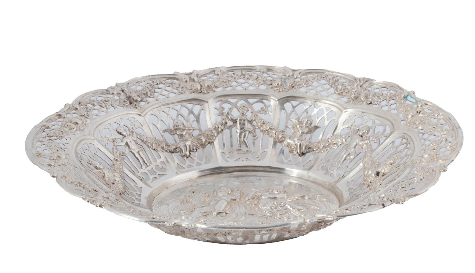 Eastern European 800 Silver Pierced Bowl, Cherubs & Musical Instruments, C. 1880, H 9'' Dia. 8'' (1 of 4)