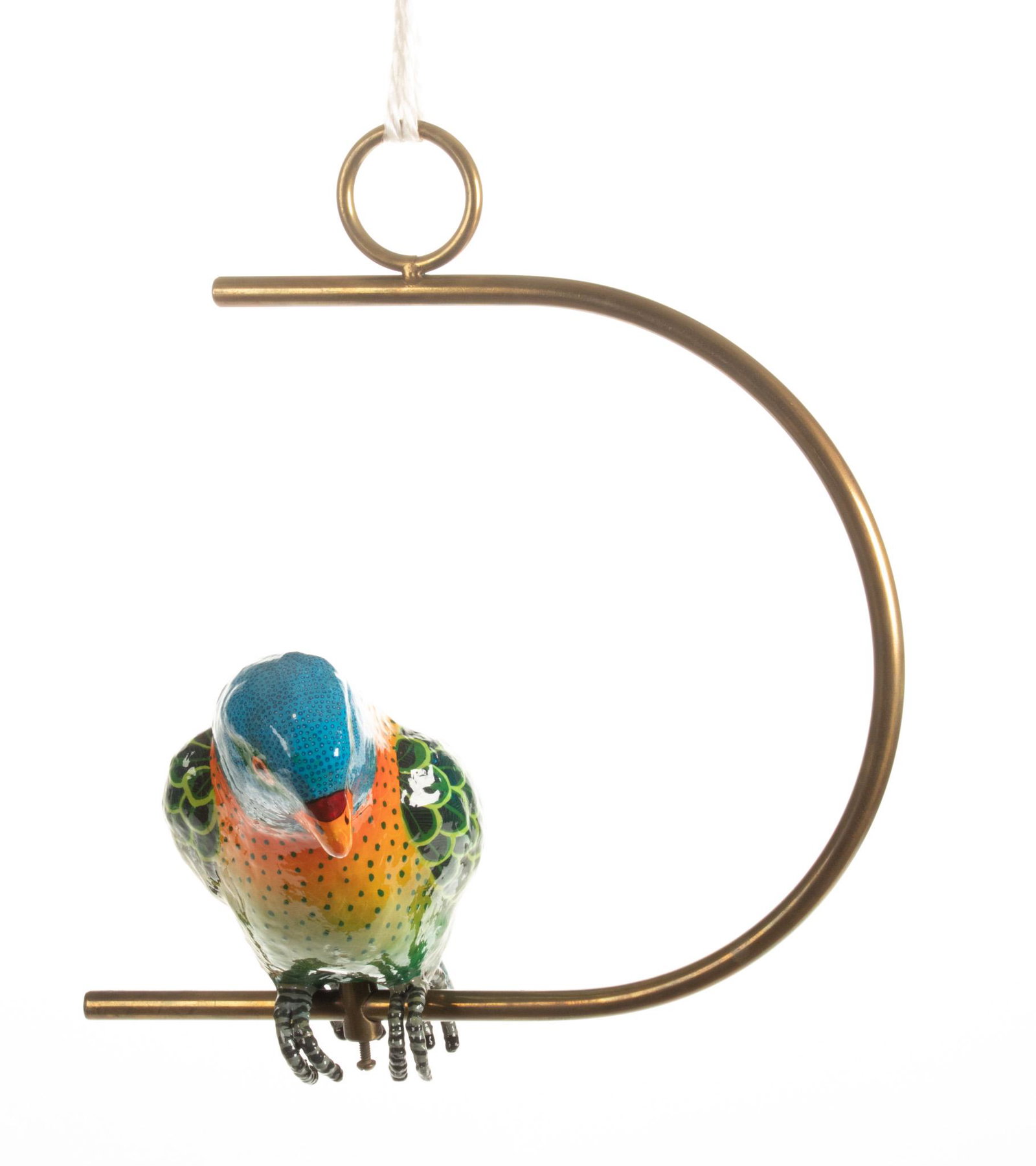 Sergio Bustamante (Mexican, B. 1949) Painted Lacquer Bird On Brass Frame, H 14'' W 14'': Sergio Bustamante (Mexican, B. 1949) Painted Lacquer Bird On Brass Frame, H 14'' W 14'' A painted and lacquered bird by Sergio Bustamante. Presented on a fitted brass frame hanger.