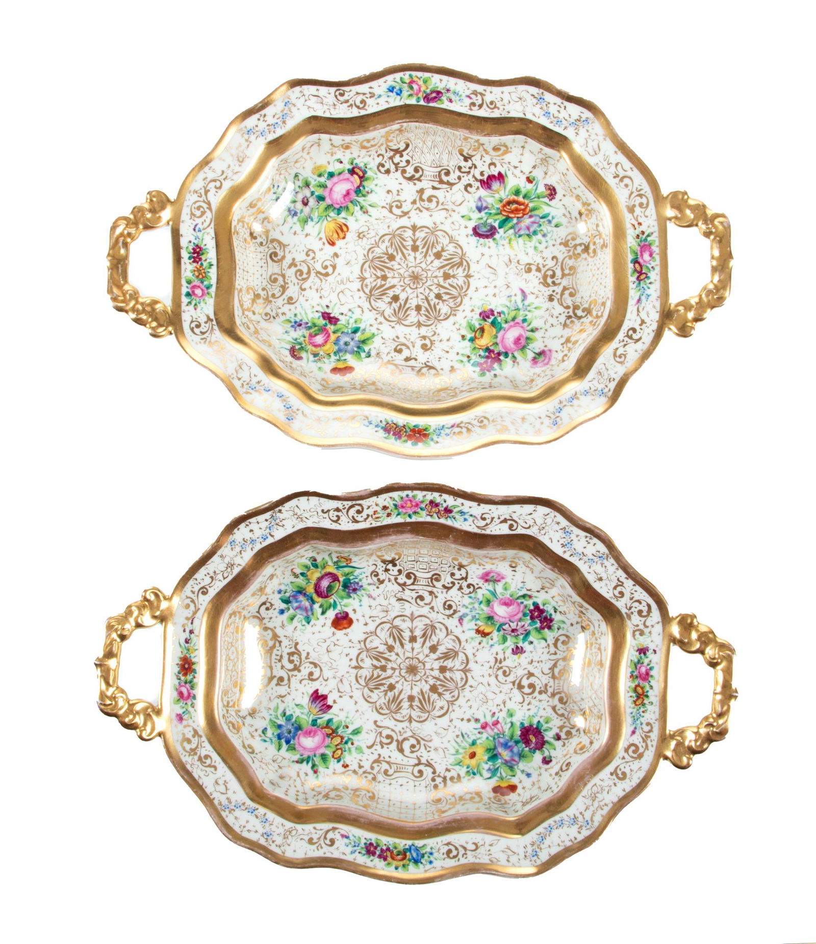 Hand Painted Porcelain Open Entree Serving Dishes C. 1920, W 8.7'' L 13.5'' 2 pcs (1 of 4)