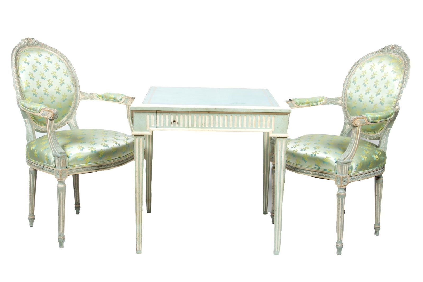 Louis XV Style Tooled Leather Card Table & 4 Chairs, H 29'' W 30'' L 30'' 5 pcs (1 of 6)