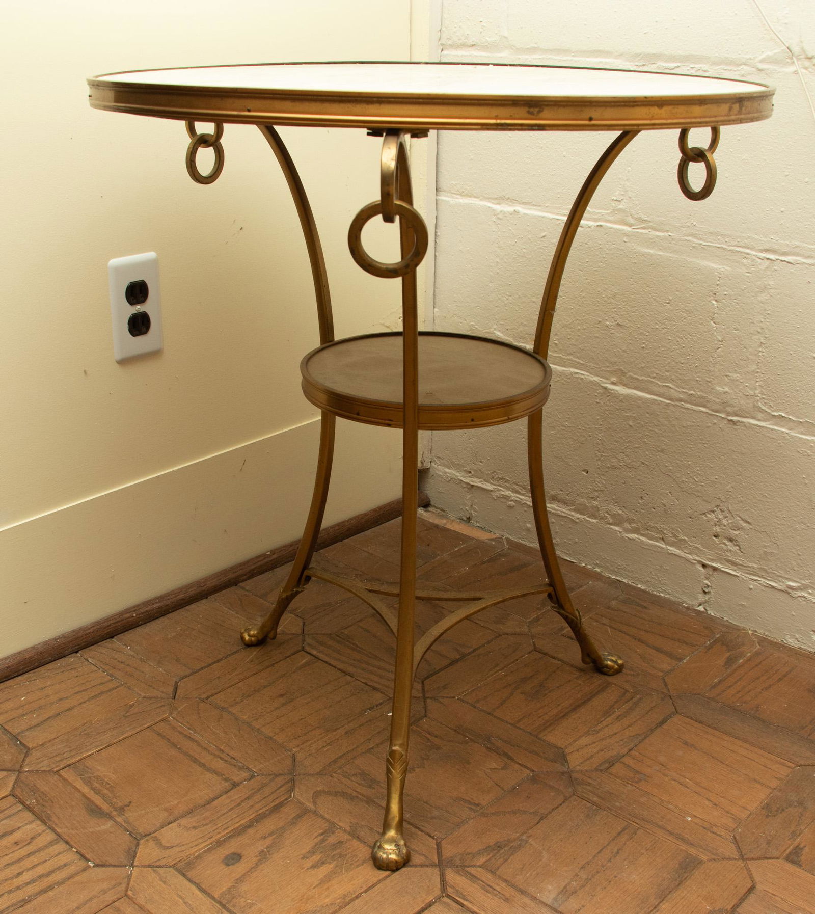 French Regency Brass & Marble Top Cafe Table,  19th.c., H 27'' Dia. 24'' (1 of 2)