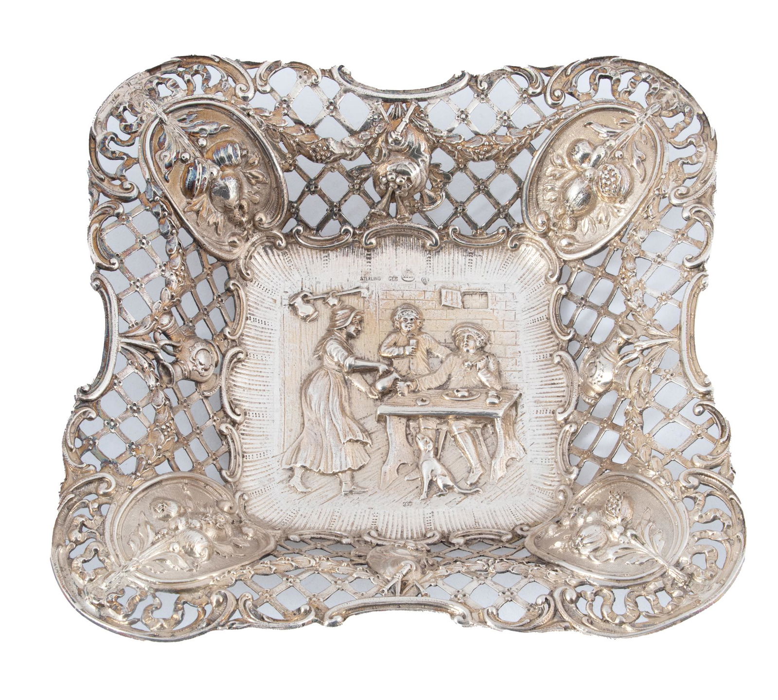 Sterling Silver Center Bowl, By "GR" Repousse Family Scene With Cat, H 2'' W 8.5'' L 8.5'' 11.05t oz (1 of 3)