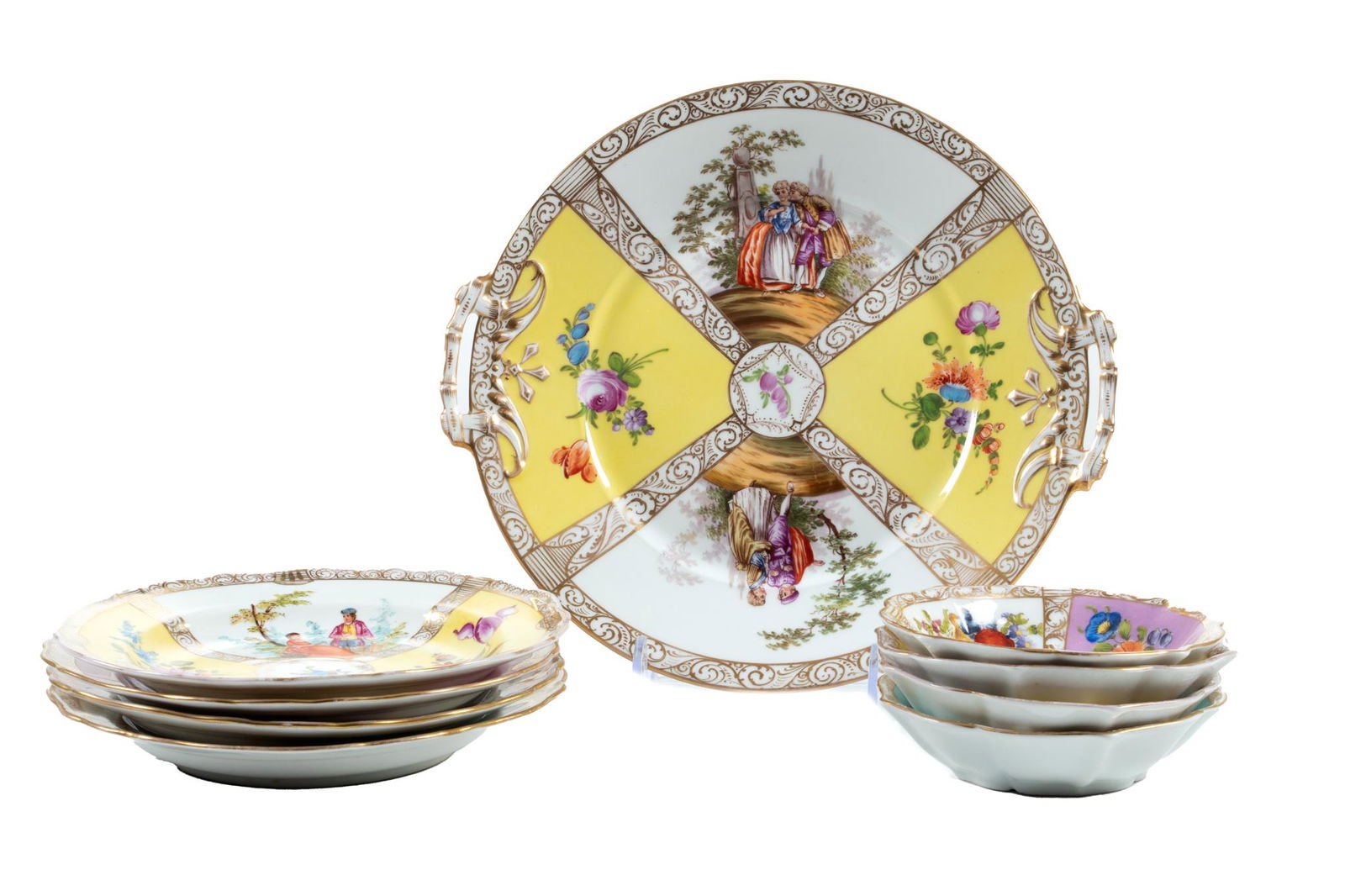 German Dresden Plates (4) Panel Design + Serving Plate & Nappies  C. 1900, Dia. 7.5'' 9 pcs (1 of 3)