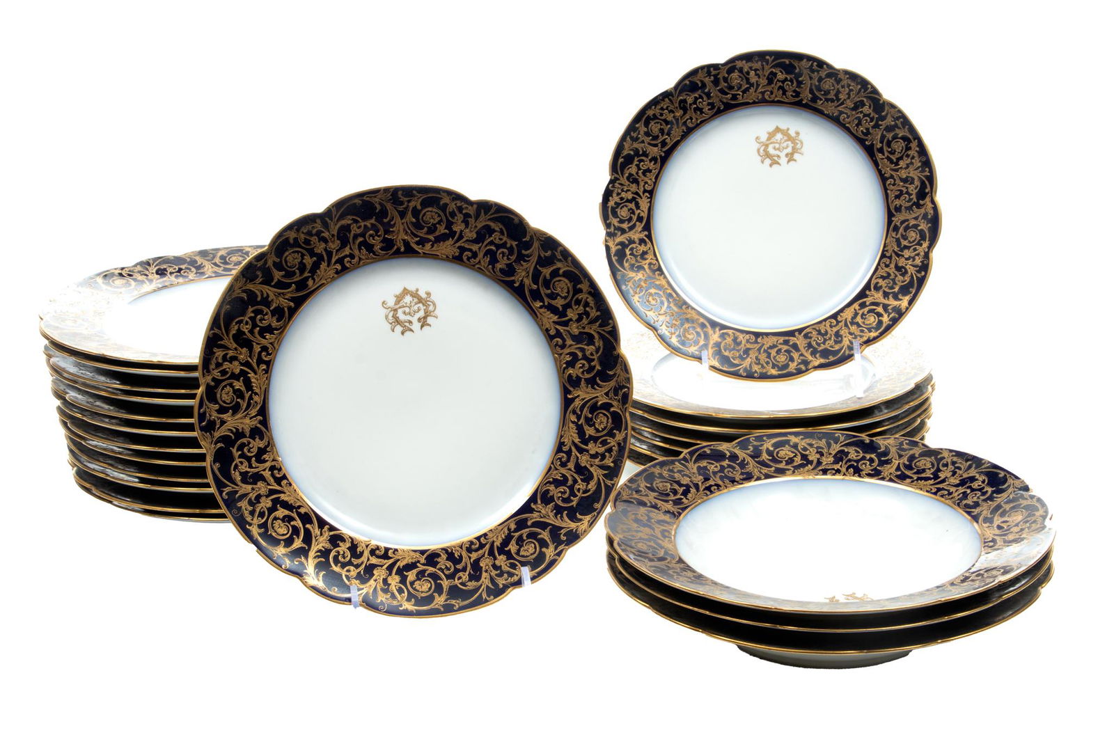 M. Redon (Limoges) Cobalt Porcelain, Fired Gold Edge Dinner Plates, Bowls & Dessert Plates, C. 1905, (1 of 3)
