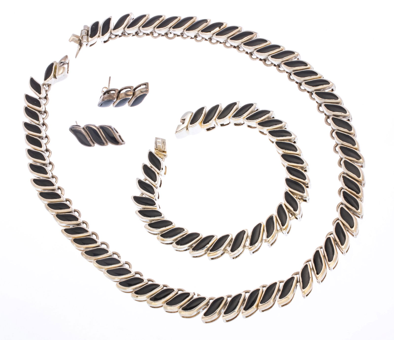 Mexico,  Sterling Silver And Black Onyx Necklace, Bracelet, Earrings L 16'' 3 pcs (1 of 3)