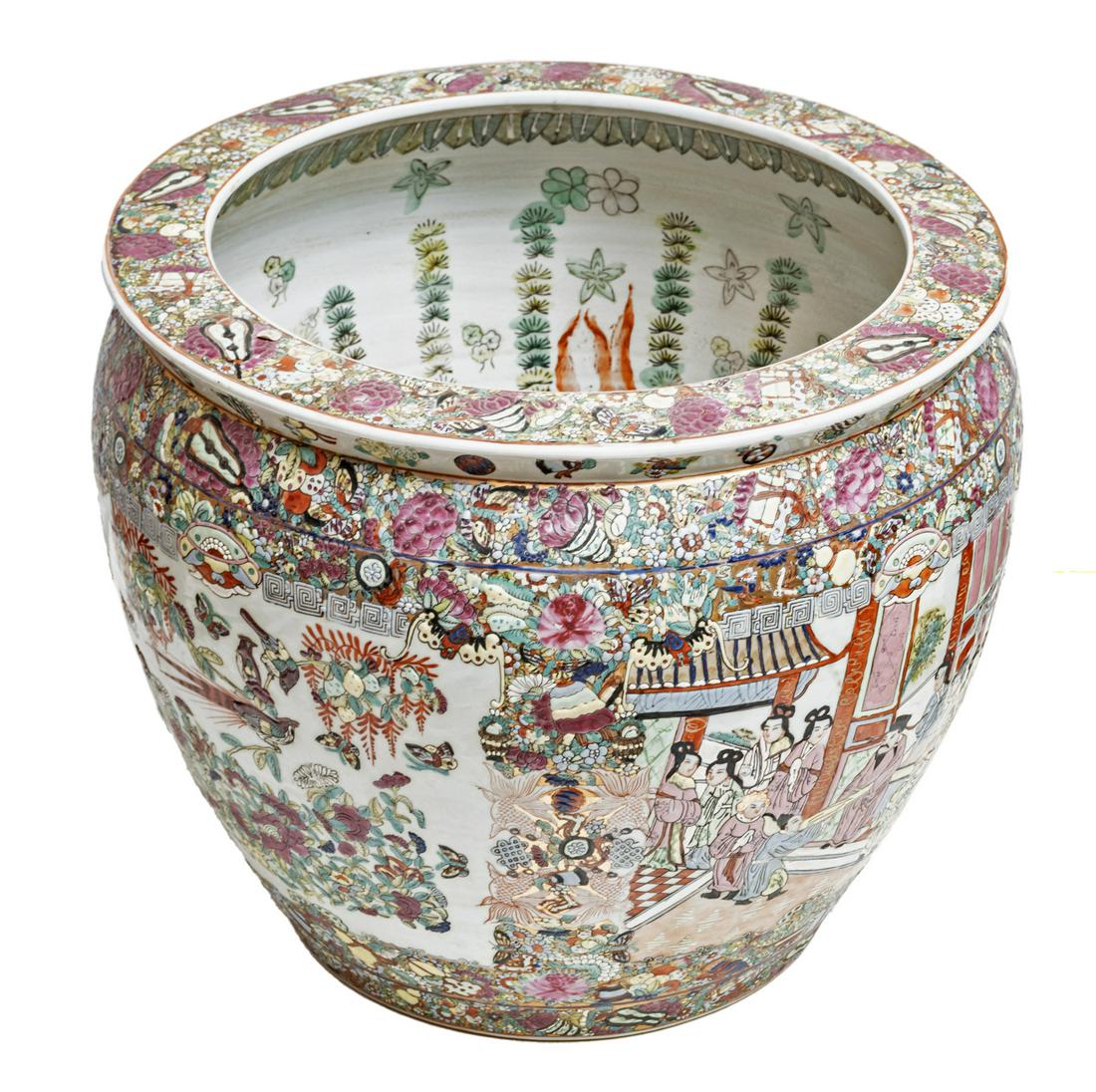 Chinese Rose Medallion Porcelain Koi Bowl H 16" Dia 19" (1 of 8)