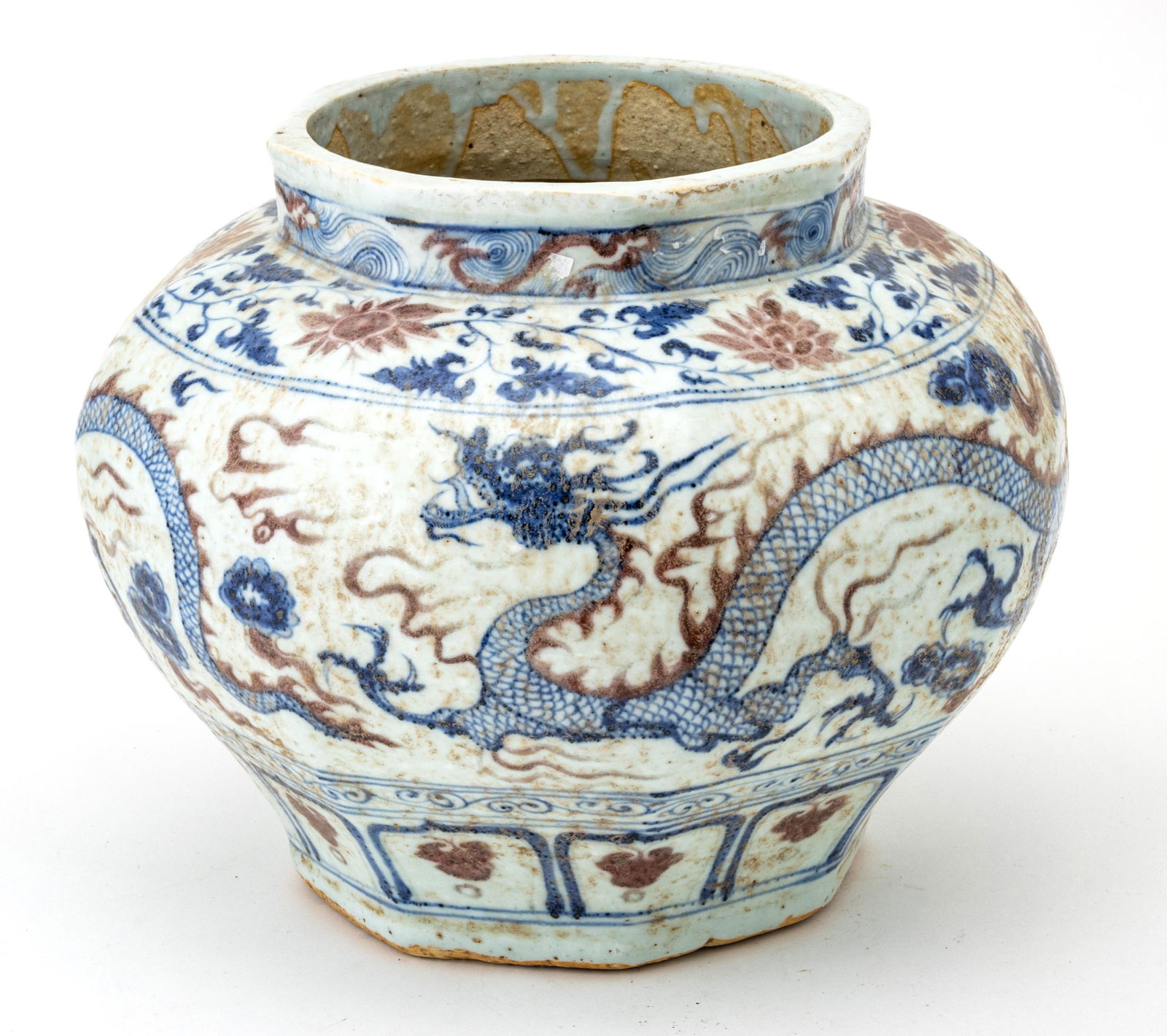 Chinese Blue & Red Iron Glazed Porcelain Jar, H 11'' Dia. 14.5'' (1 of 4)