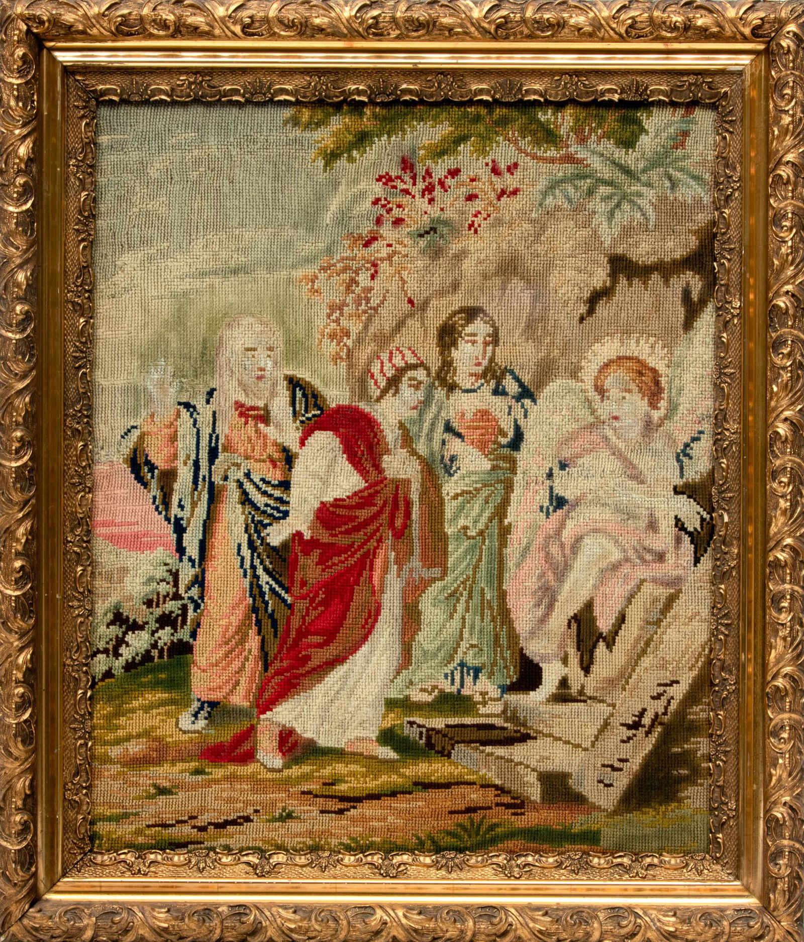 Framed Needlwwork C. 19th.c., Flight Into Egypt., H 23'' W 19'' (1 of 3)