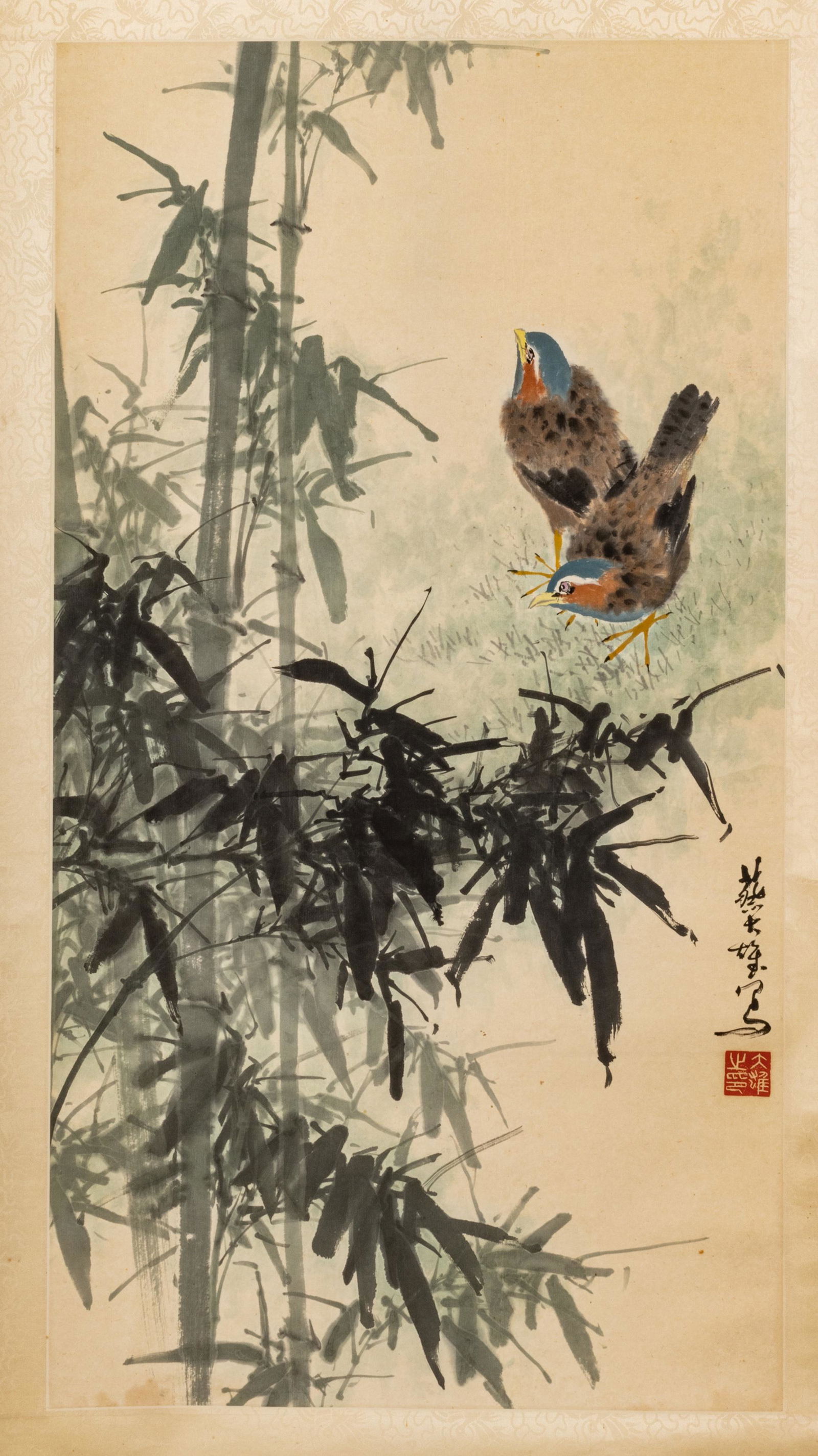 Chinese Ink & Watercolor Scroll, Avian With Foliage Motif, H 66'' W 23.25'' (1 of 3)
