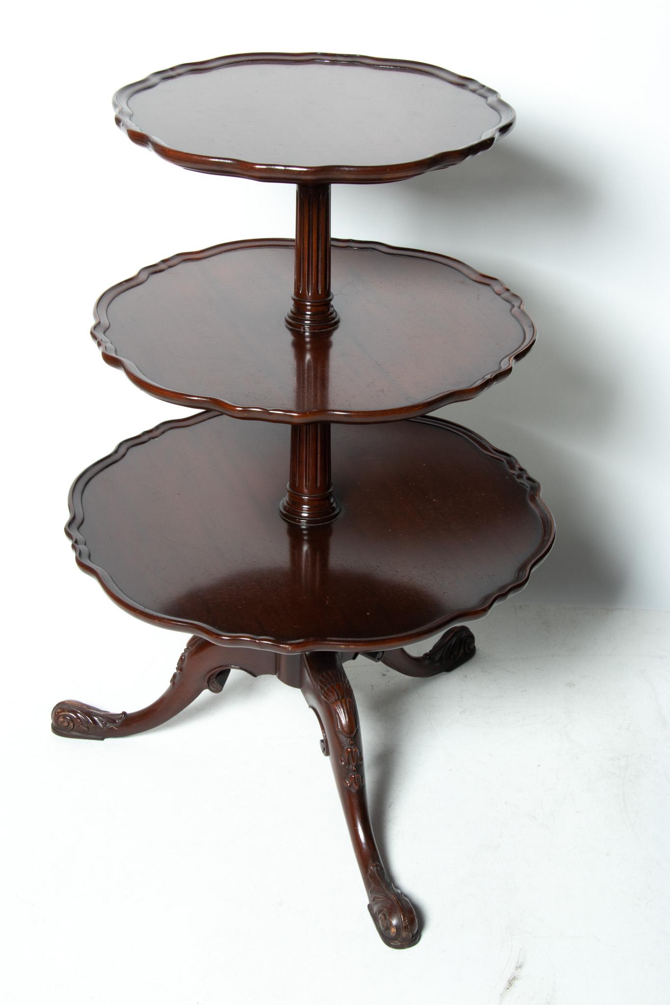 Imperial Furniture Co. Mahogany Chippendale Style 3 Tier Table C 1940 H 32" Dia 21" (1 of 3)