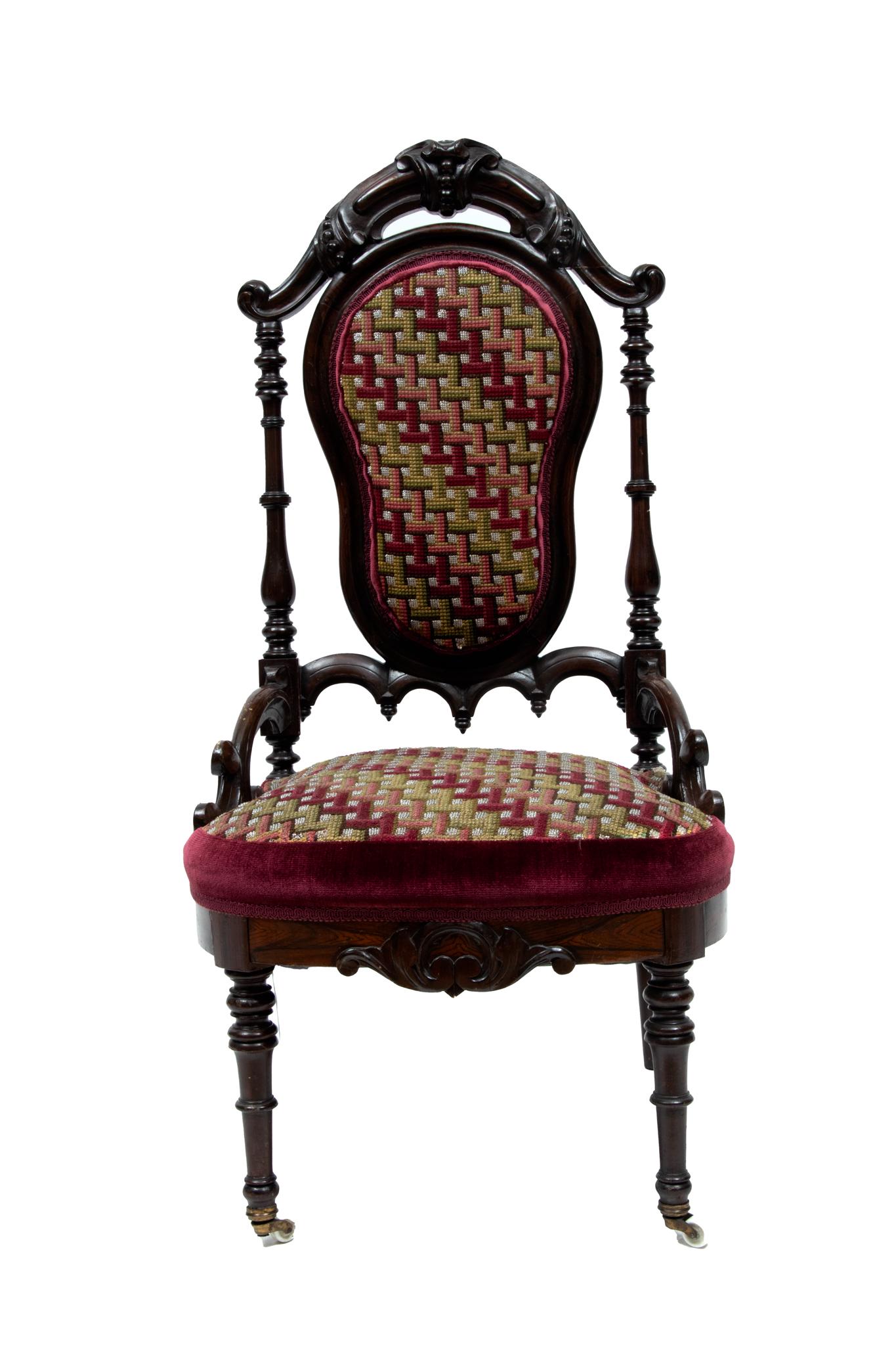Victorian Walnut High Back Side Chair, Needlework Of Glass Beads C. 1870, H 39'' W 19'' (1 of 4)
