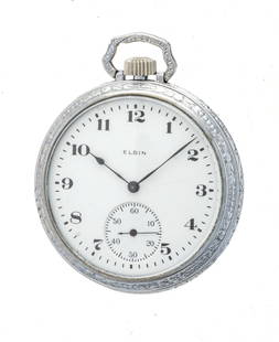 Elgin Watch Company  Metal Cased Pocket Watch, Dia. 43mm: Elgin Watch Company Metal Cased Pocket Watch, Dia. 43mm Metal case engraved with floral and checkered designs. Case marked 'Defiance 1208440'. Clear acrylic cover. Movement marked 'Elgin Natl Watch Co