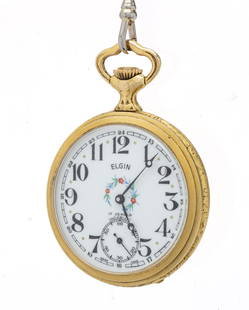 Elgin Watch Company Gold Plated Pocket Watch, Dia. 49mm: Elgin Watch Company Gold Plated Pocket Watch, Dia. 49mm Gold plated watch case with a low relief figure of a trout. Case marked 'Elgin base metal Raaflaub Switzerland 4016'. Movement marked 'Elgin 324