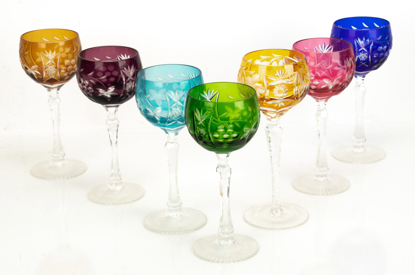Bohemian Cut-To-Clear Crystal Rhine Wines, 7 Pcs, H 7.75"-8.25": Bohemian Cut-To-Clear Crystal Rhine Wines, 7 Pcs, H 7.75"-8.25" A Collection Of Seven Bohemian Cut-To-Clear Crystal Rhine Wine Glasses. Includes Yellow, Brown, Purple, Cobalt, Green, Azure Blue, And R