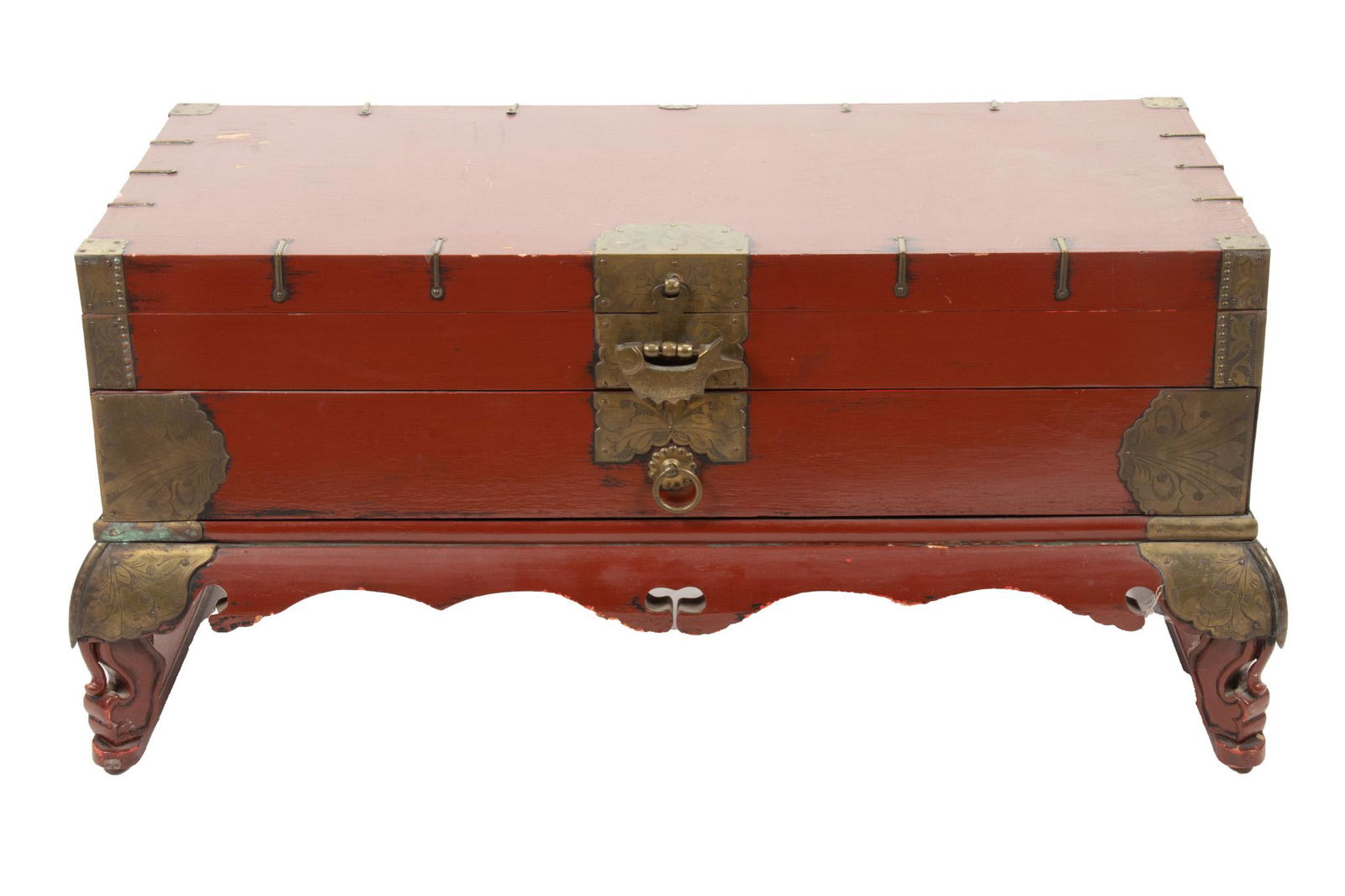 Chinese Red Lacquered Wood & Brass Hinged Chest, H 15.5'' L 32'' (1 of 5)